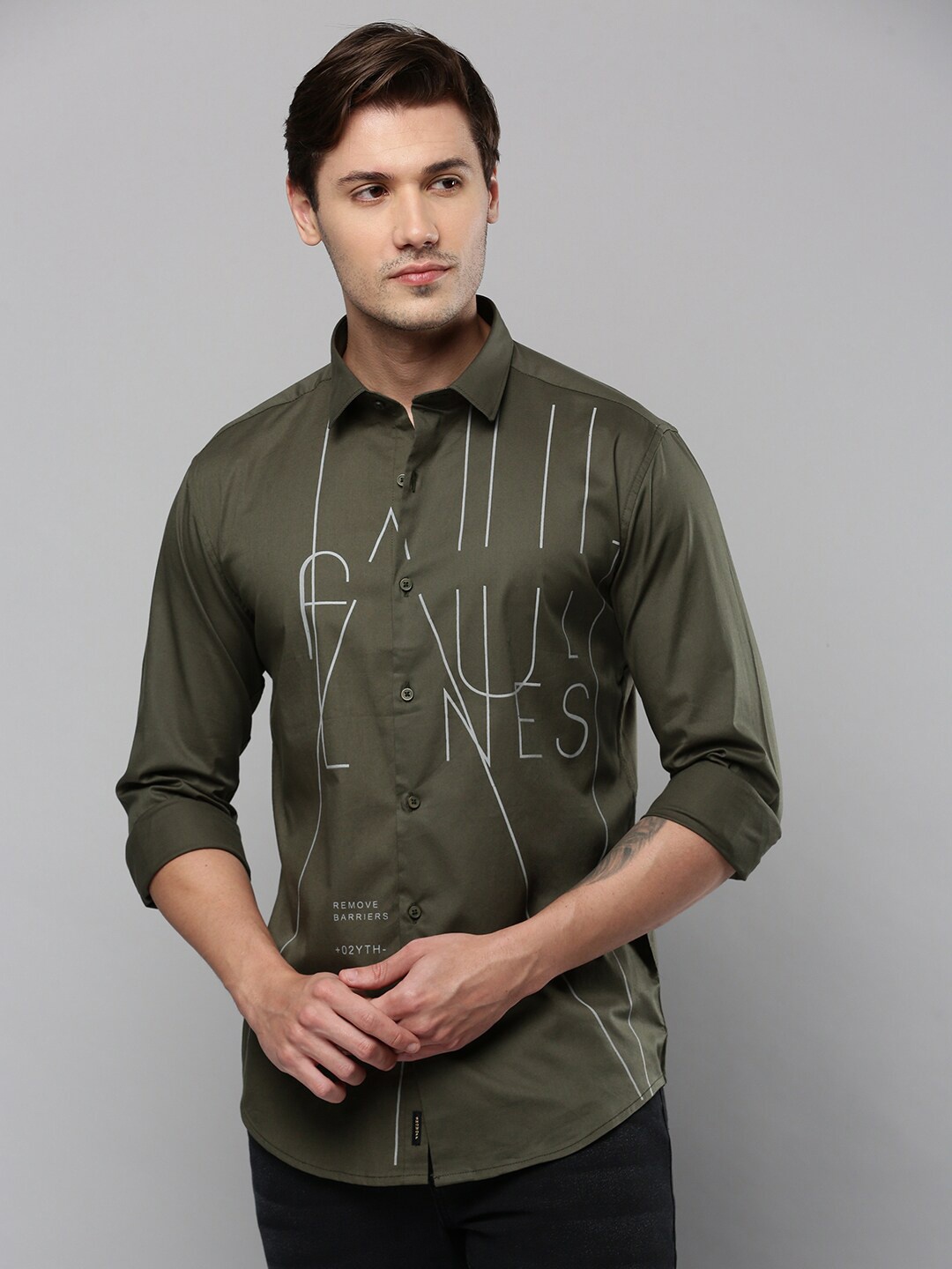 

SHOWOFF Comfort Typography Printed Cotton Casual Shirt, Olive