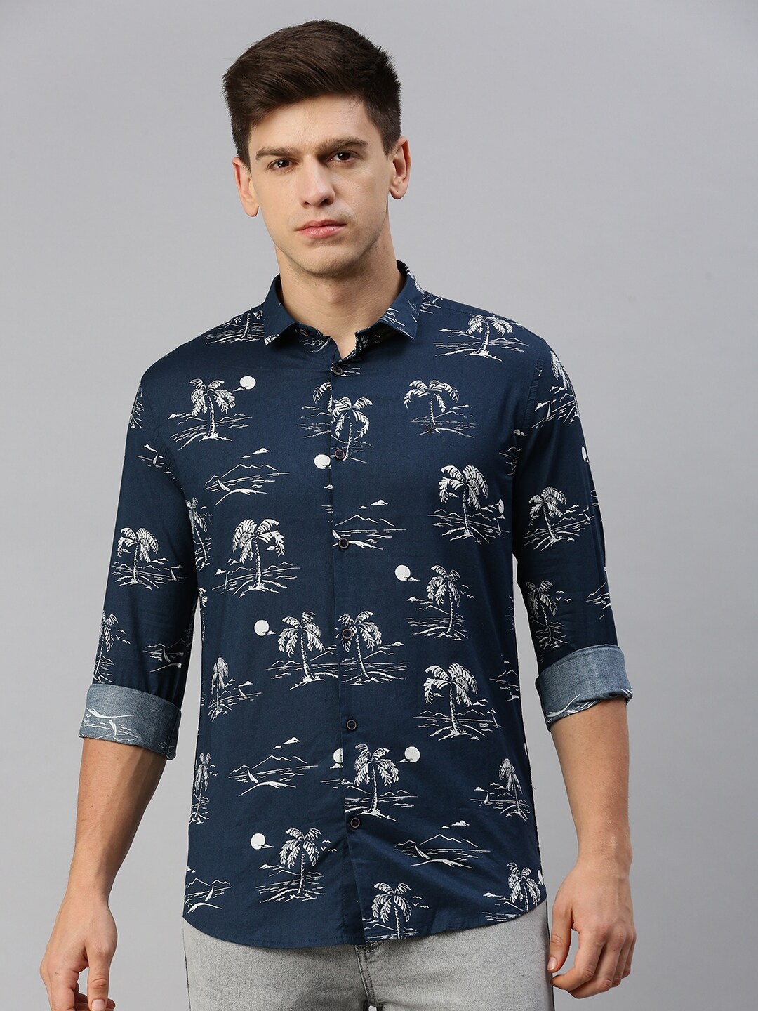 

SHOWOFF Tropical Printed Spread Collar Comfort Cotton Casual Shirt, Navy blue