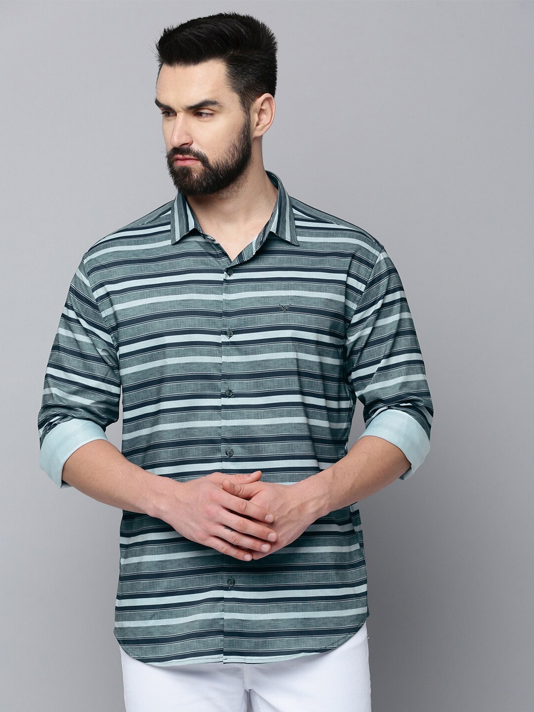 

SHOWOFF Comfort Horizontal StripedCotton Casual Shirt, Green