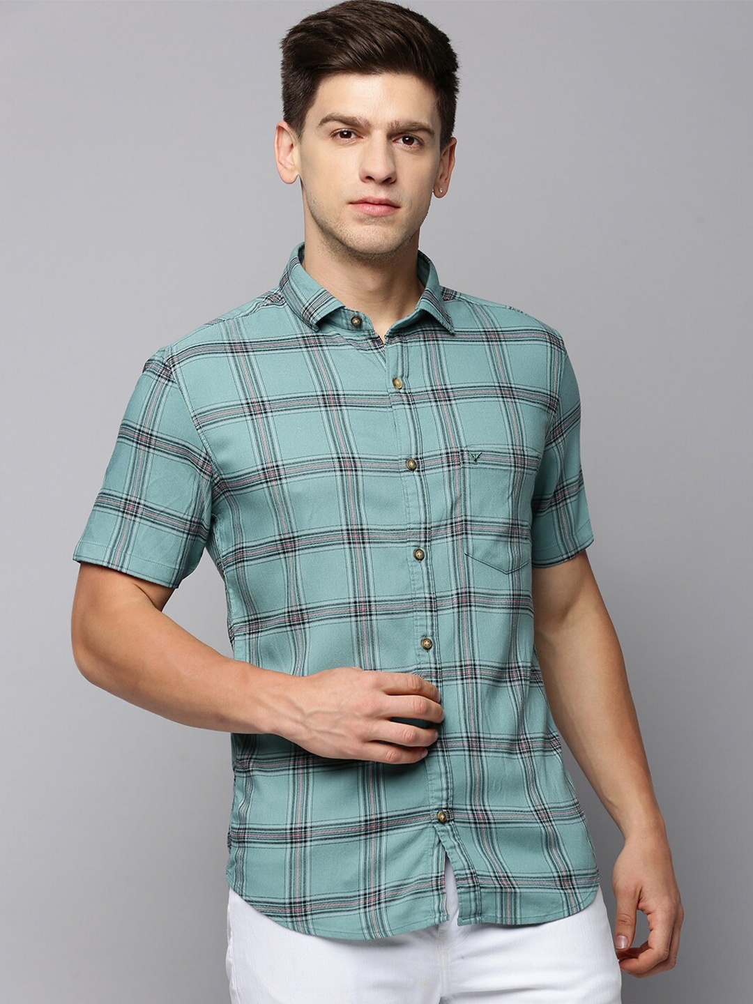 

SHOWOFF Comfort Tartan Checked Spread Collar Cotton Casual Shirt, Sea green