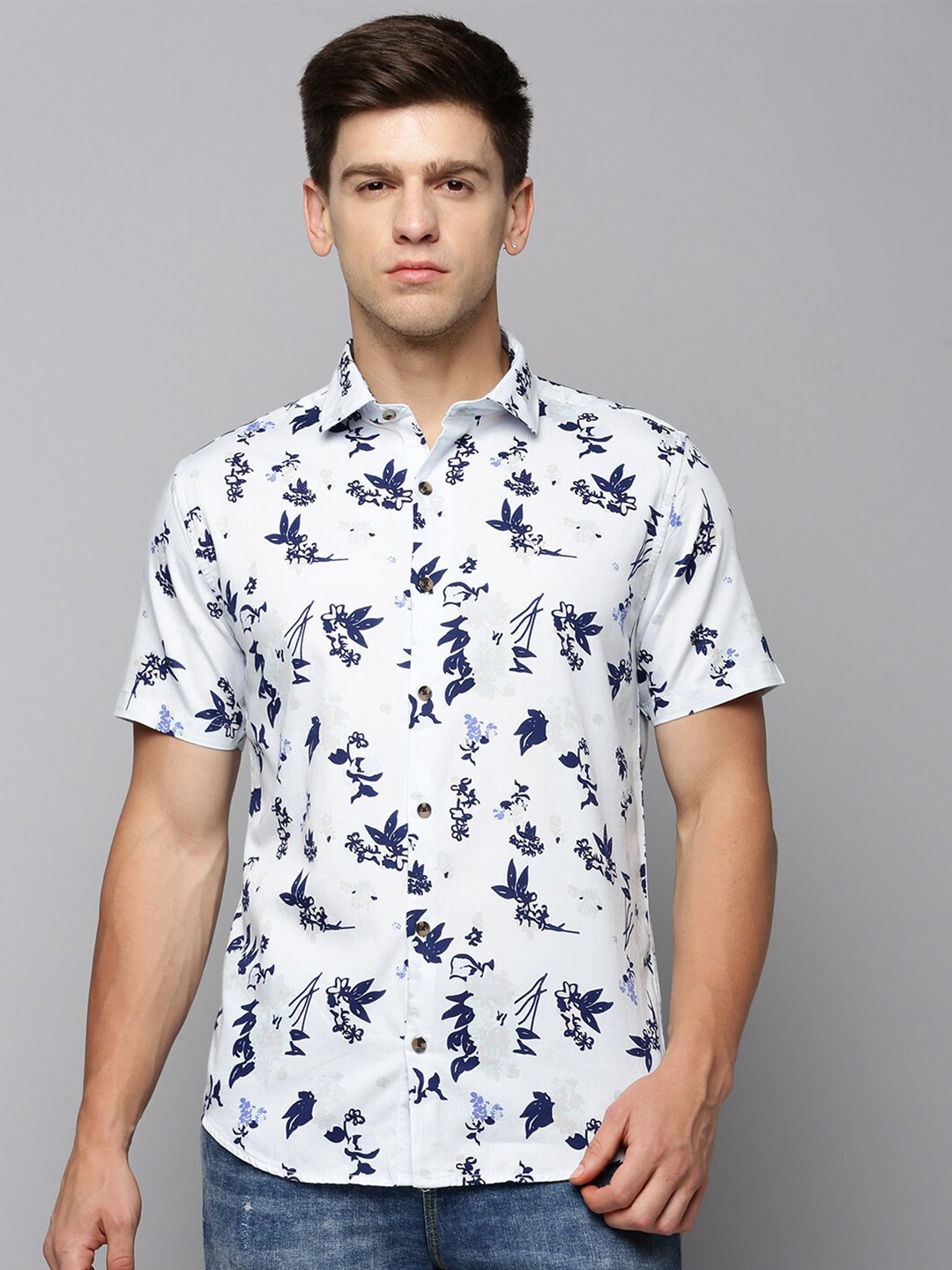 SHOWOFF Comfort Floral Printed Cotton Casual Shirt, White