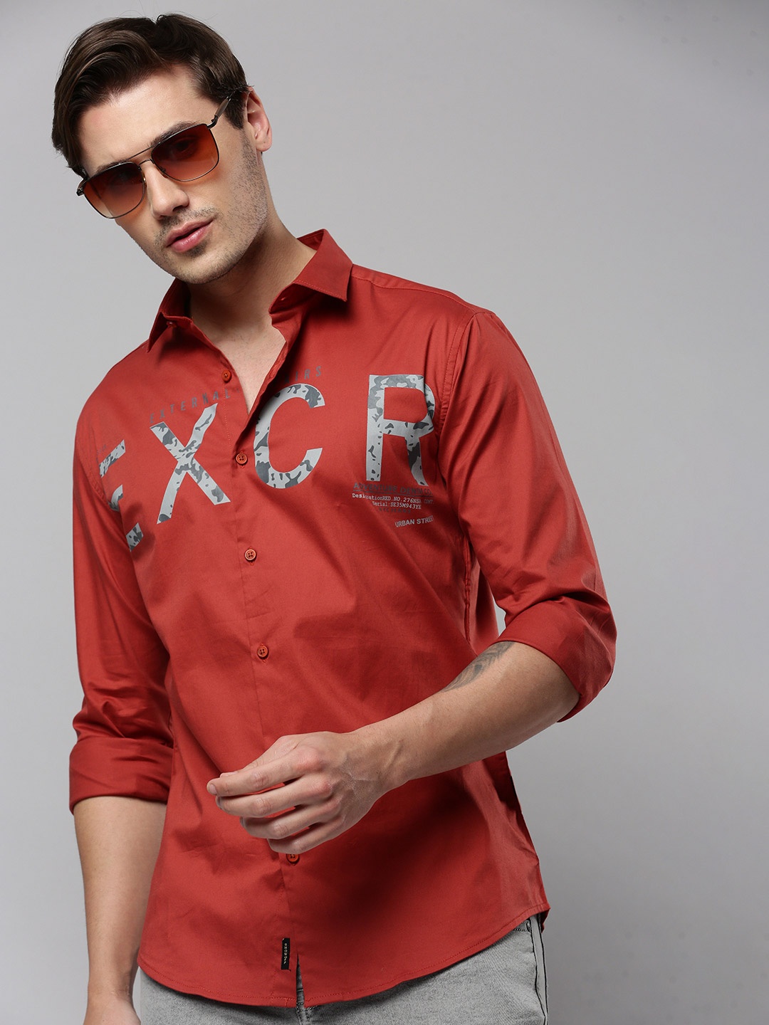 SHOWOFF Comfort Typography Printed Cotton Casual Shirt, Rust