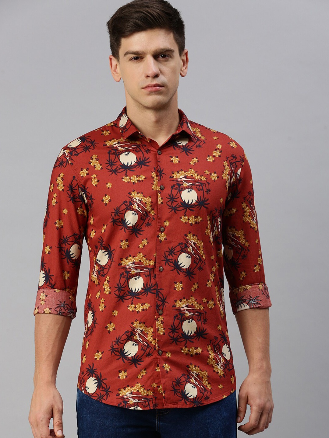 

SHOWOFF Floral Printed Spread Collar Long Sleeves Comfort Casual Shirt, Rust
