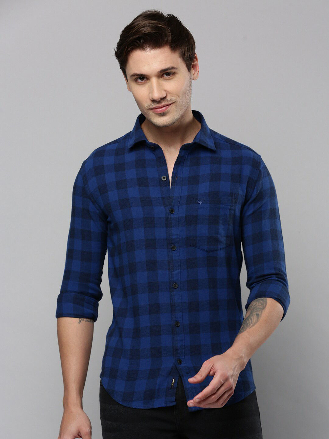 

SHOWOFF Comfort Buffalo Checked Spread Collar Cotton Casual Shirt, Blue