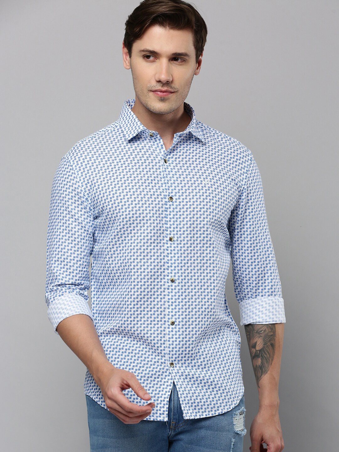 

SHOWOFF Comfort Micro Ditsy Printed Spread Collar Linen Casual Shirt, White