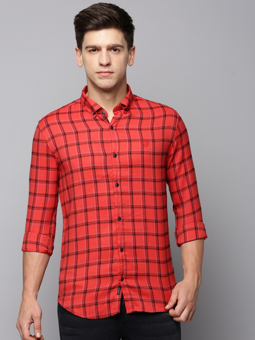 

SHOWOFF Tartan Checks Spread Collar Long Sleeves Comfort Cotton Casual Shirt, Red