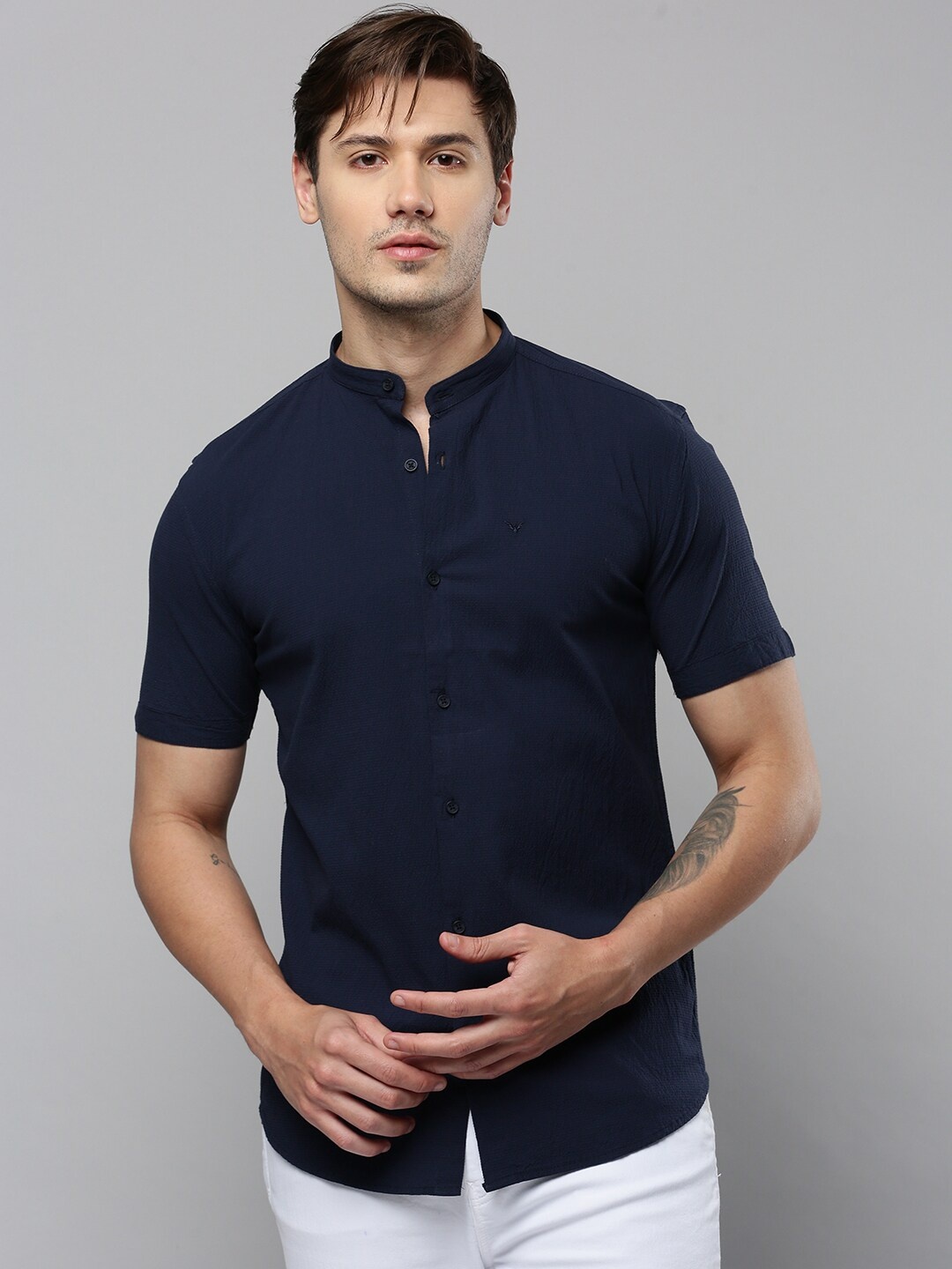 

SHOWOFF Comfort Mandarin Collar Cotton Casual Shirt, Navy blue