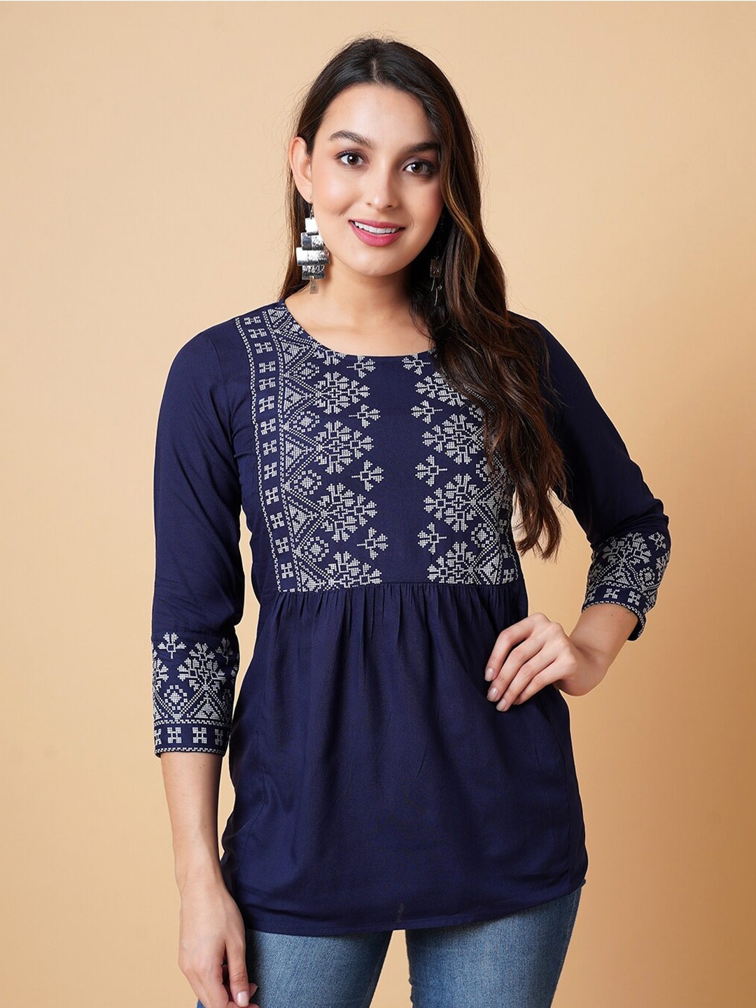 

DAEVISH Ethnic Motifs Printed Round Neck Regular Top, Navy blue