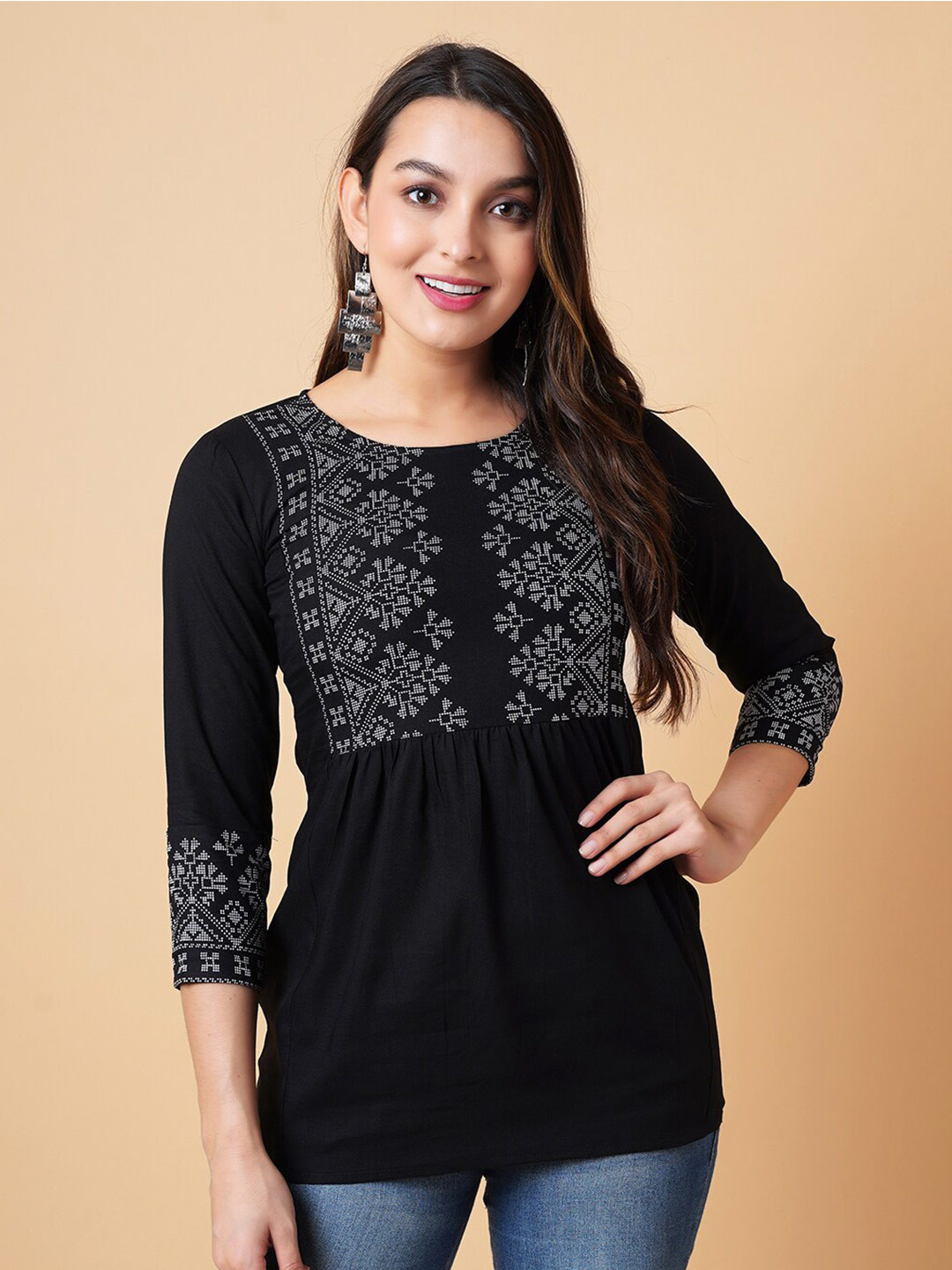 

DAEVISH Ethnic Motifs Printed Round Neck Regular Top, Black