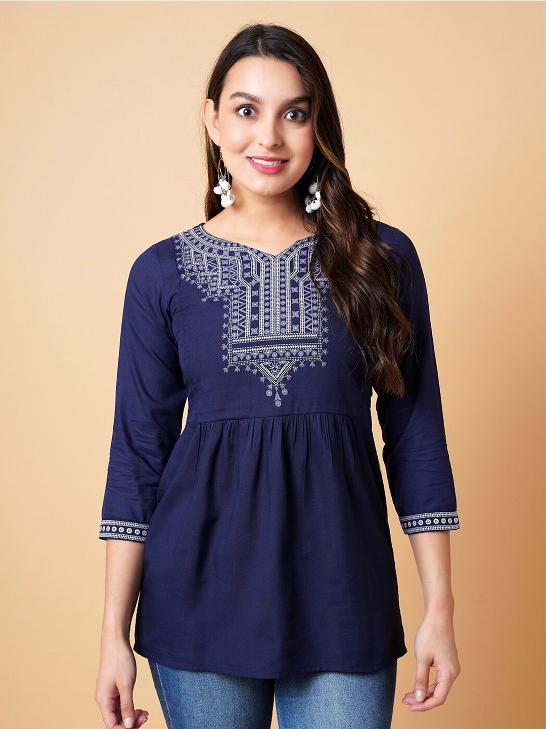 

DAEVISH Yoke Printed Ethnic Notch Neck Empire Top, Blue