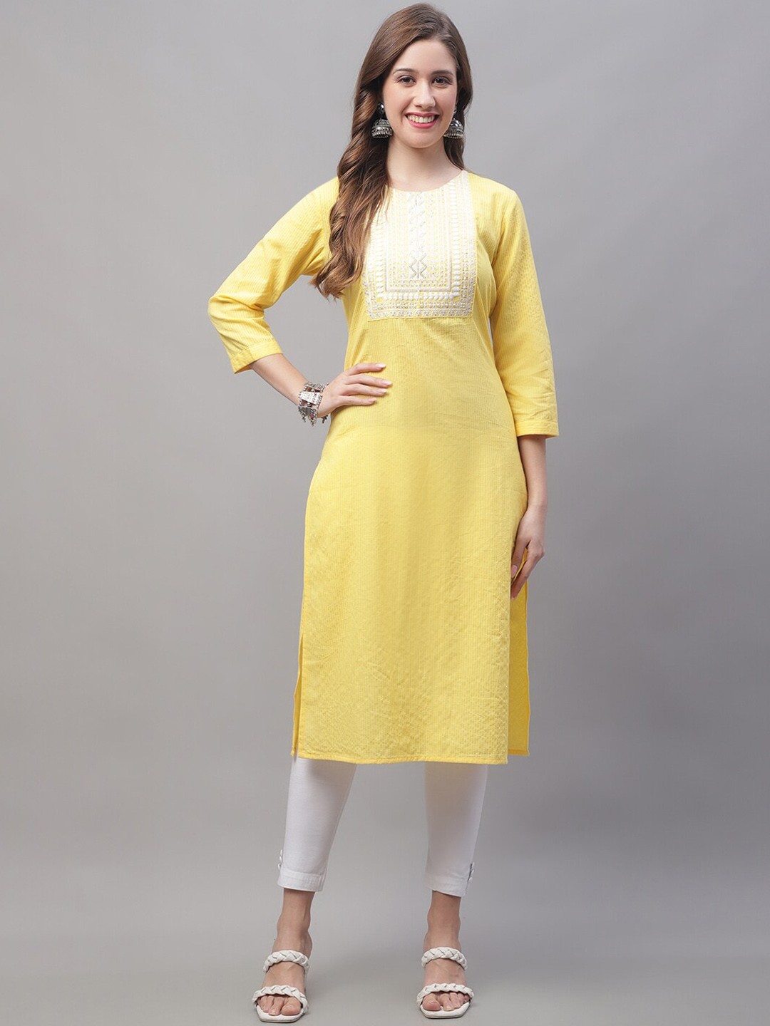 

KALINI Geometric Embroidered Yoke Design Pastels Dobby Cotton Kurta, Yellow