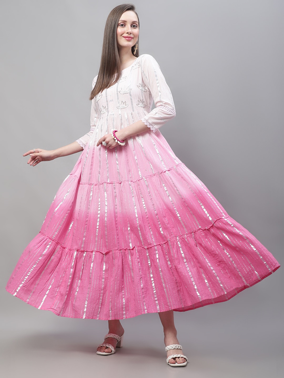

KALINI Striped & Embellished Tiered Maxi Ethnic Dress, Pink