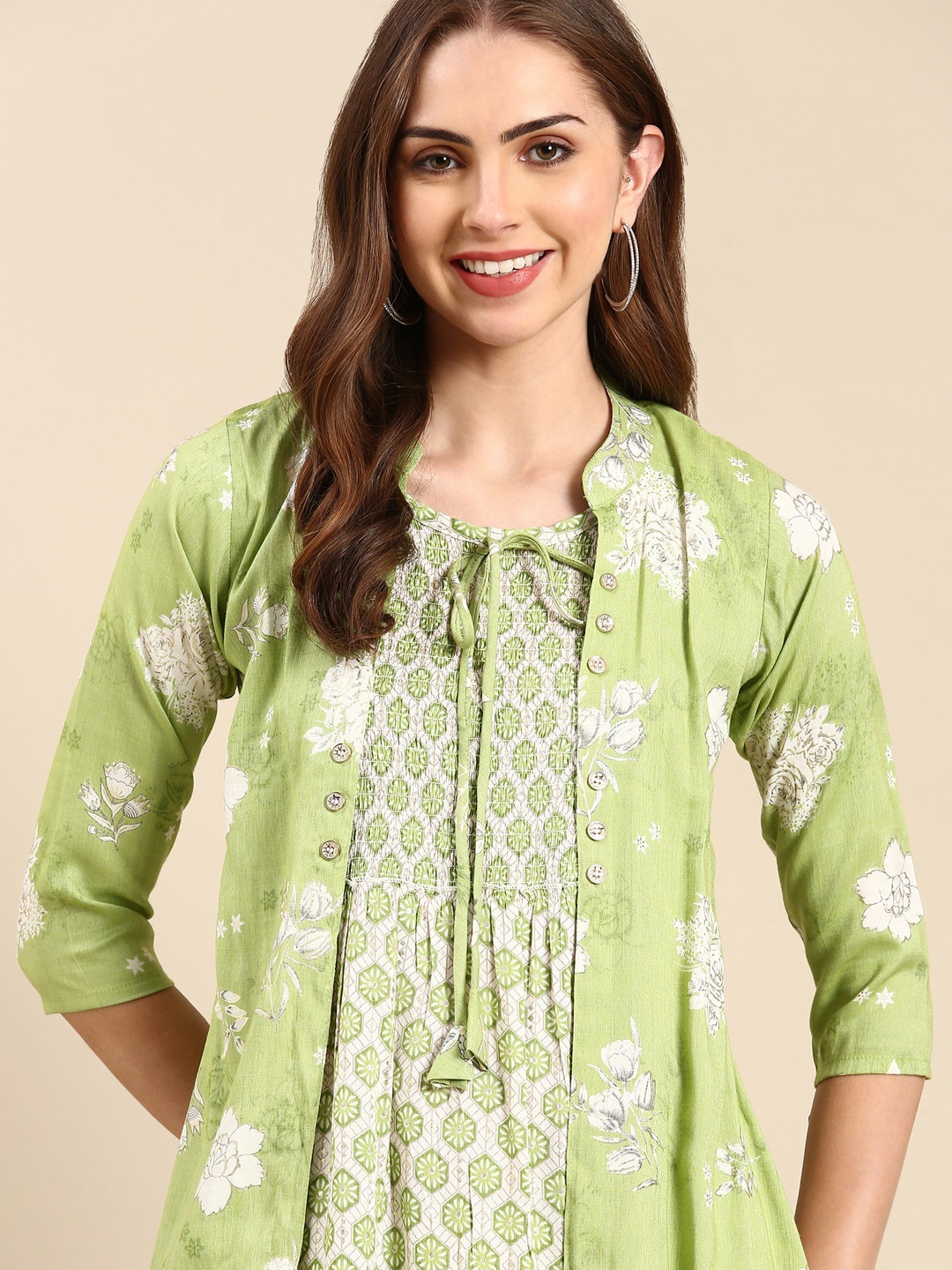 

SHOWOFF Floral Printed Layered Anarkali Kurta, Green