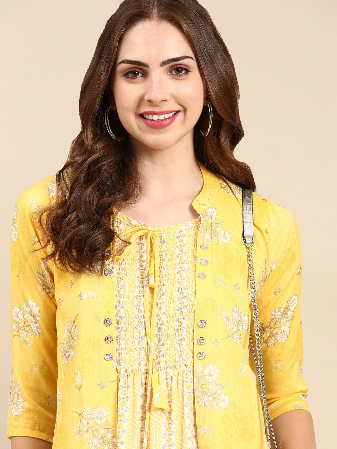 

SHOWOFF Floral Printed Layered Anarkali Kurta, Yellow