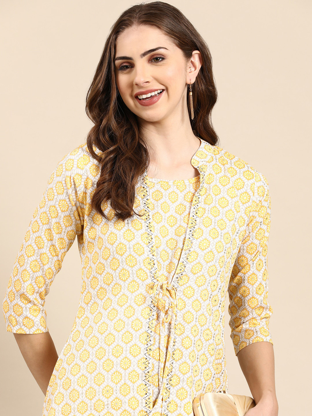 

SHOWOFF Layered Ethnic Motifs Printed Stoned Work A-Line Cotton Kurta, Yellow