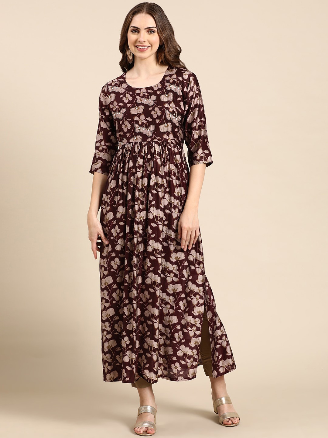 

SHOWOFF Floral Printed Thread Work A-Line Dupion Silk Kurta, Violet