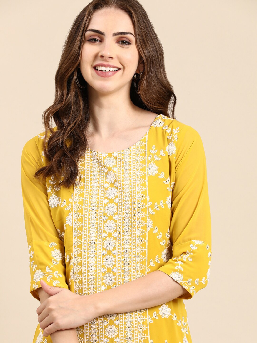 

SHOWOFF Ethnic Motifs Embroidered Sequinned Georgette Kurta, Yellow