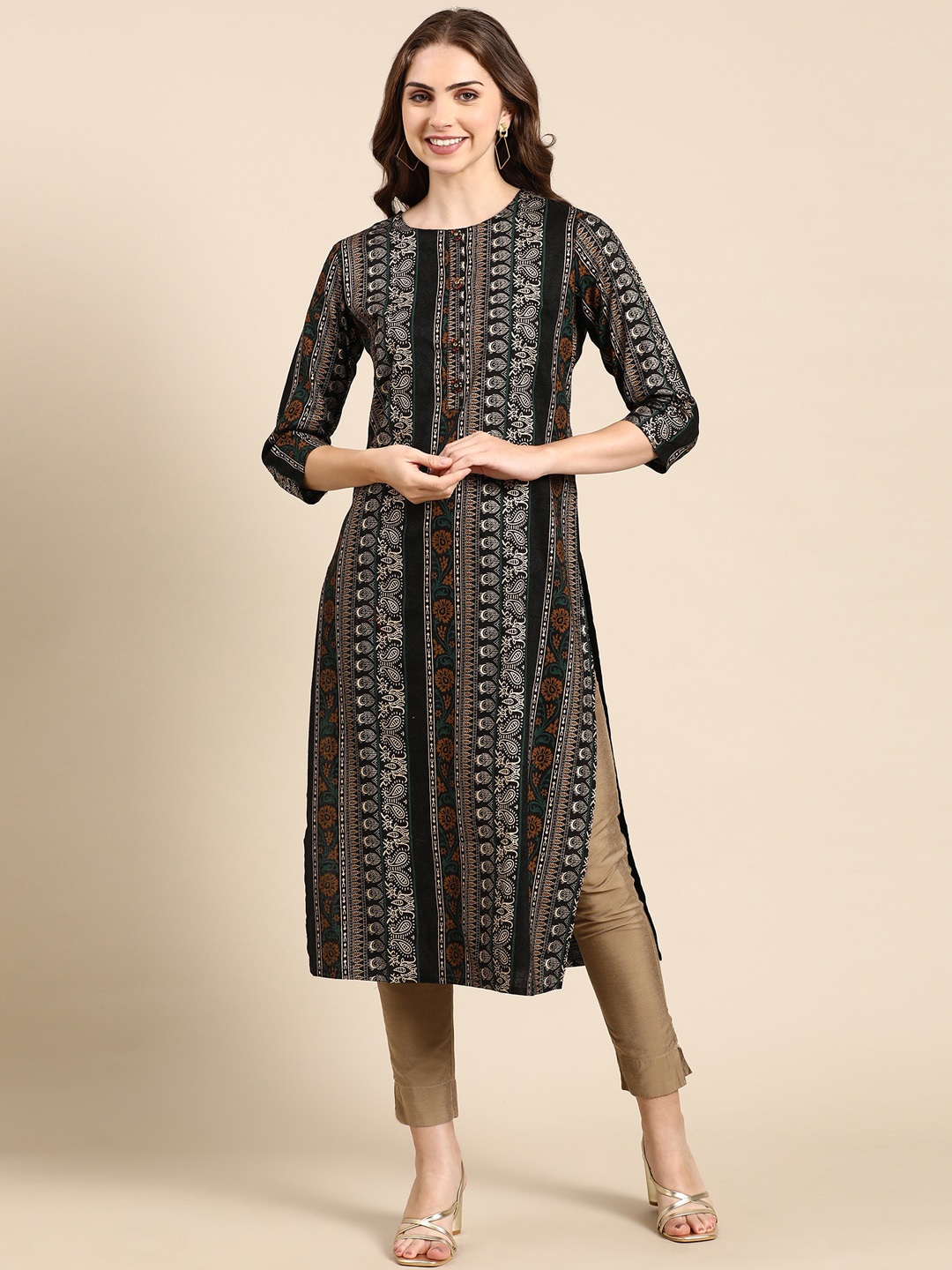

SHOWOFF Ethnic Motifs Printed Straight Kurta, Black