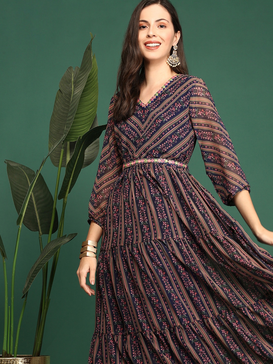 

SHOWOFF Tiered Floral Printed Mirror Work Anarkali Kurta, Navy blue