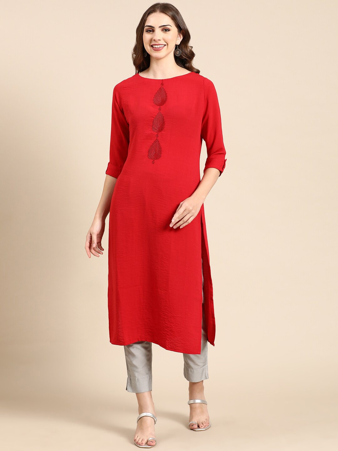 

SHOWOFF Thread Work Straight Kurta, Red