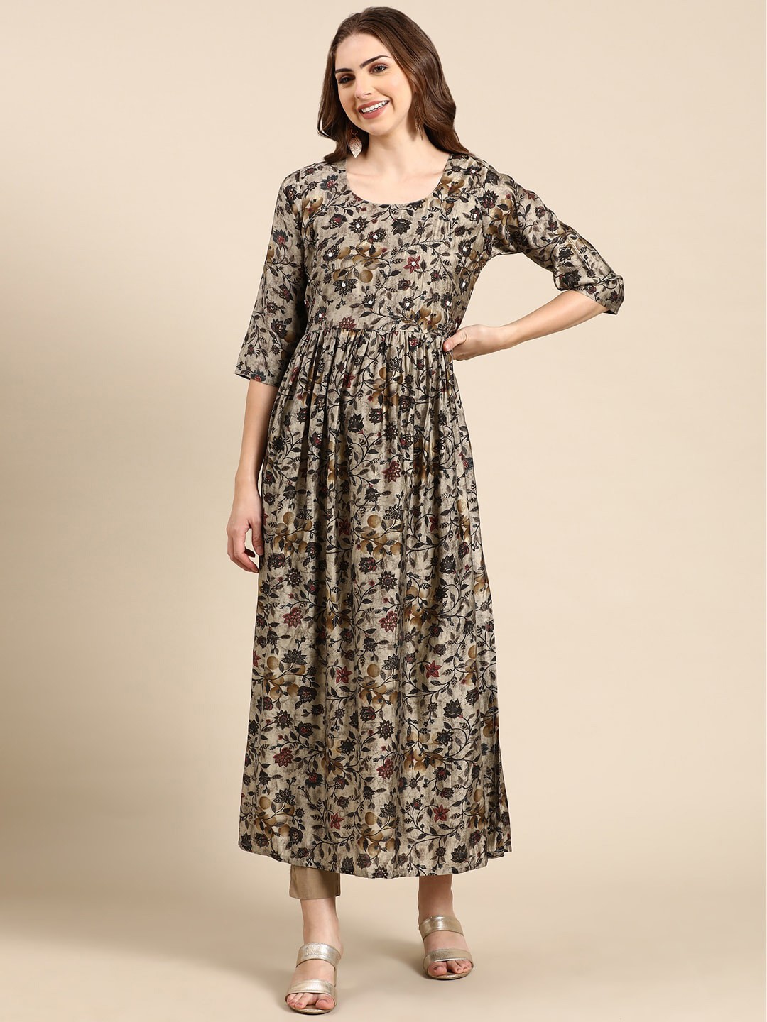 

SHOWOFF Floral Printed Beads & Stones Anarkali Kurta, Taupe