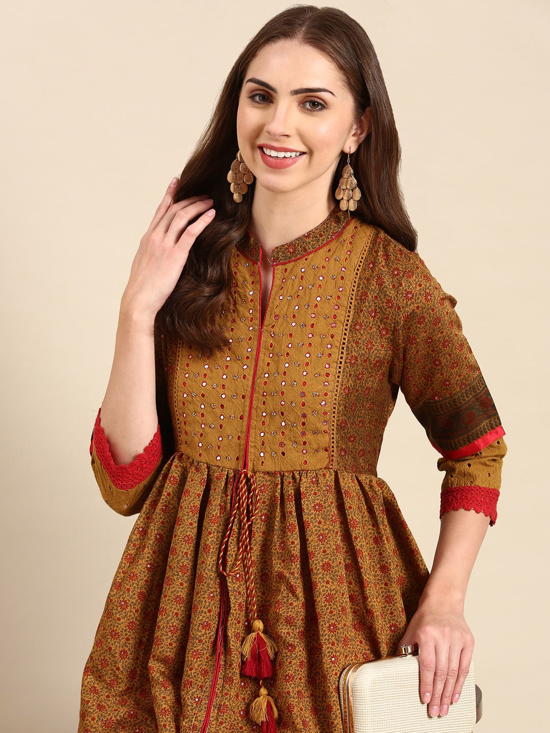 

SHOWOFF Ethnic Motifs Printed Mirror Work Anarkali Kurta, Camel brown