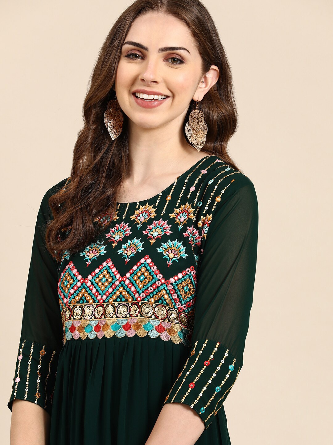 SHOWOFF Ethnic Motifs Embroidered Embellished Ethnic Dress, Green