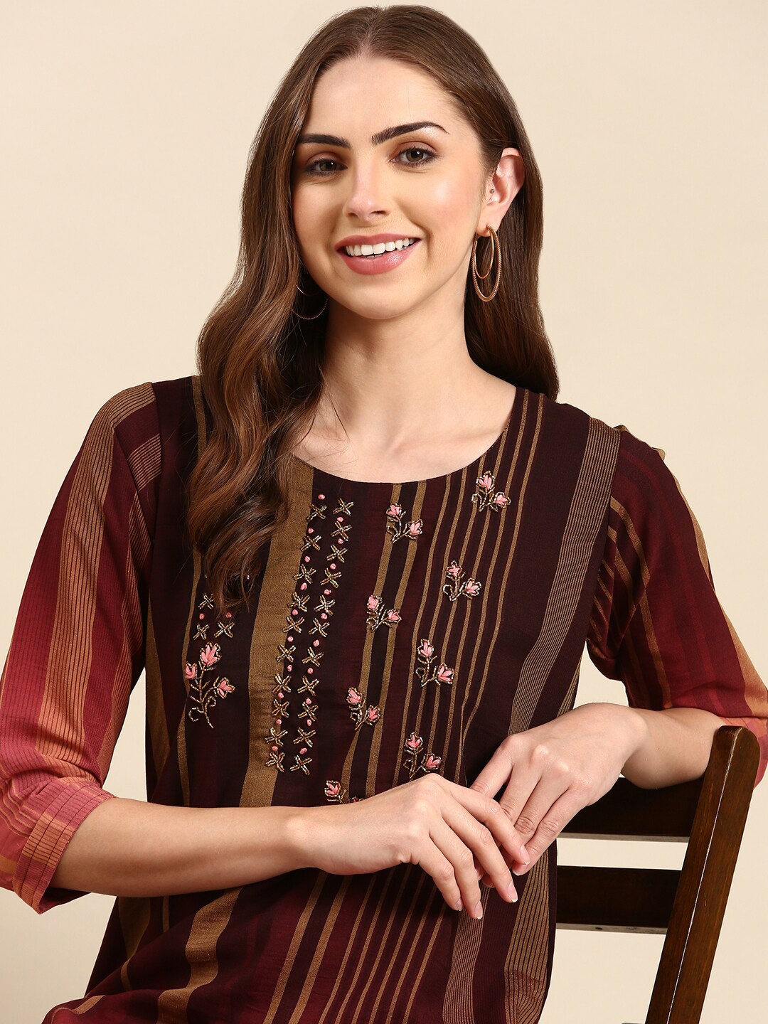 

SHOWOFF Striped Thread Work Beads & Stones Kurta, Coffee brown