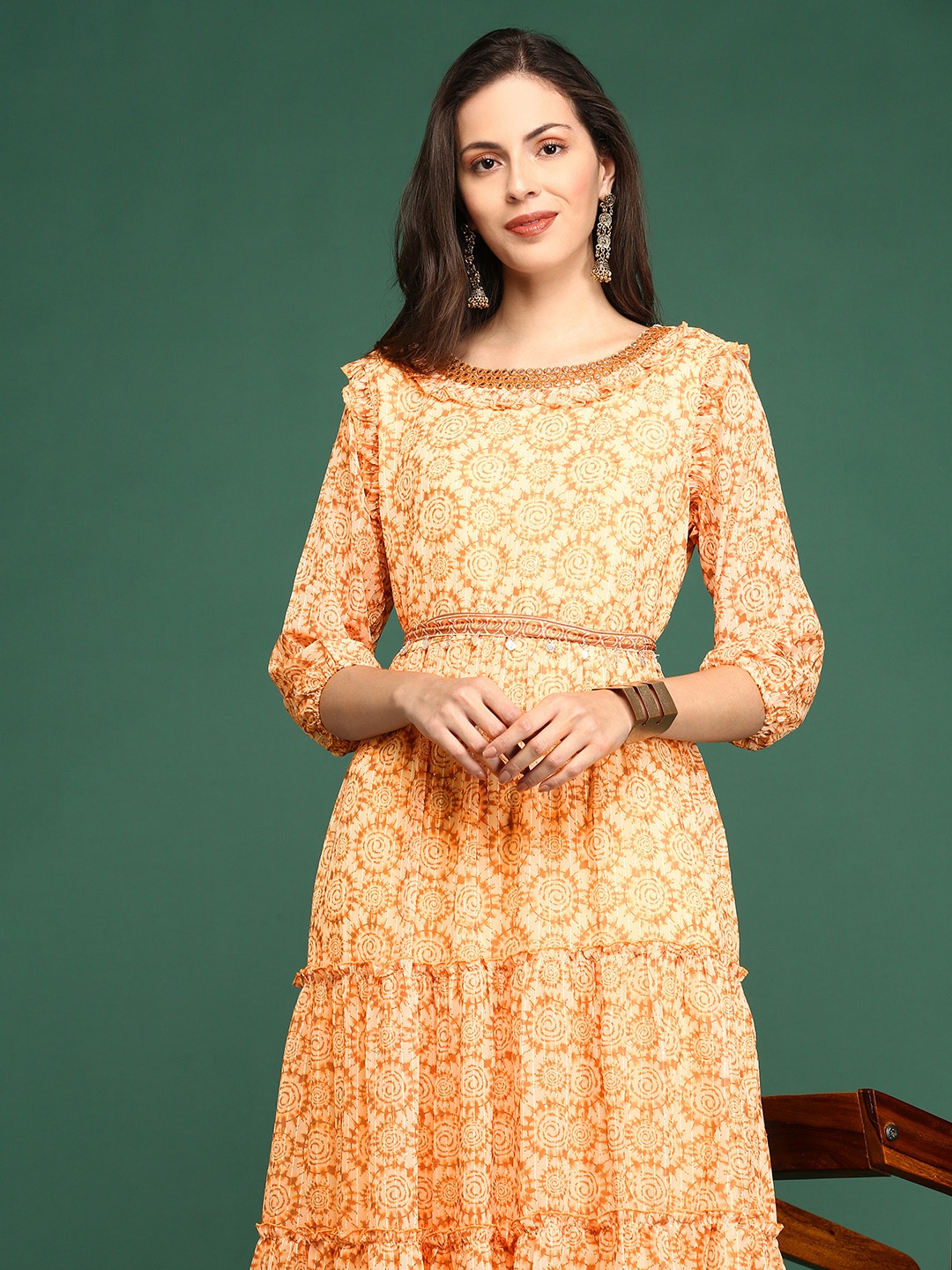 

SHOWOFF Ethnic Motifs Printed Mirror Work Georgette Anarkali Kurta, Yellow