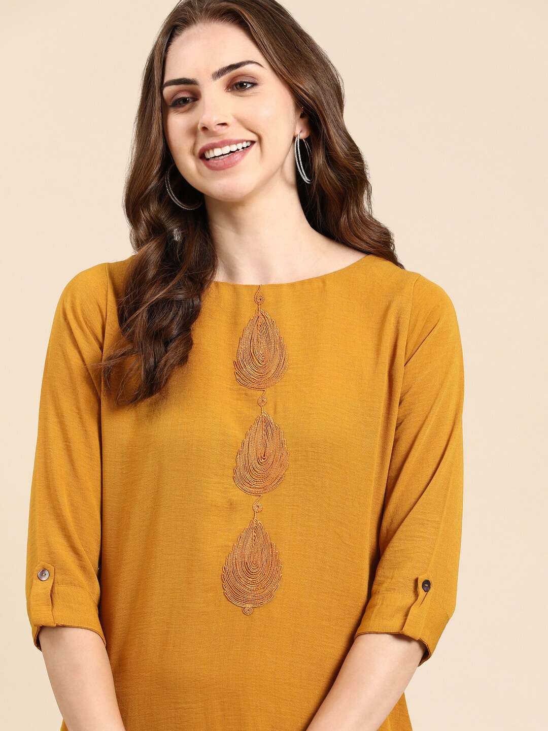 

SHOWOFF Ethnic Motifs Embroidered Roll Up Sleeves Thread Work Kurta, Mustard