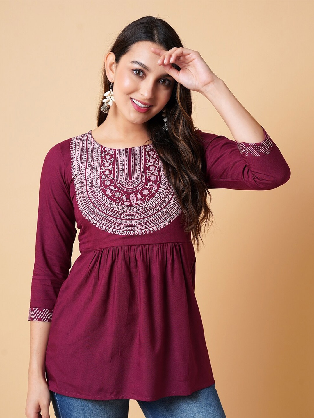 

DAEVISH Ethnic Motifs Printed Round Neck Peplum Top, Maroon