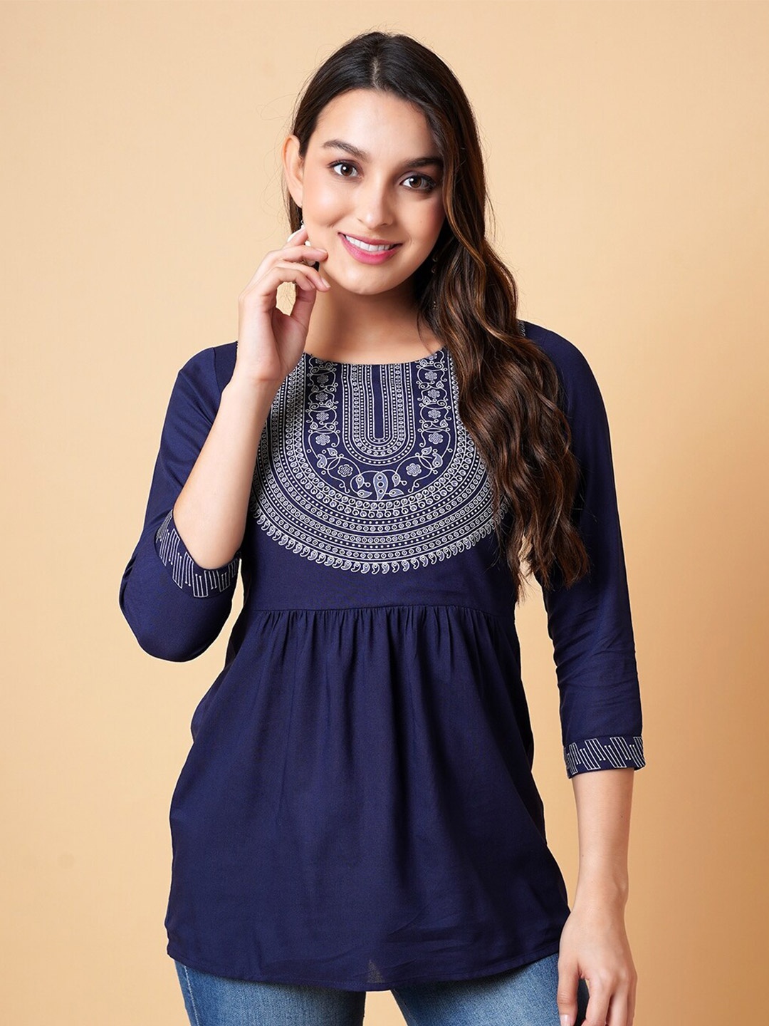 

DAEVISH Ethnic Printed Yoke Design With Notch Neck Empire Top, Blue