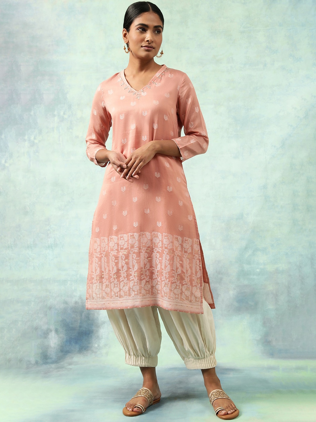 

W Coral Ethnic Motifs Woven Design V-Neck Regular Kurta