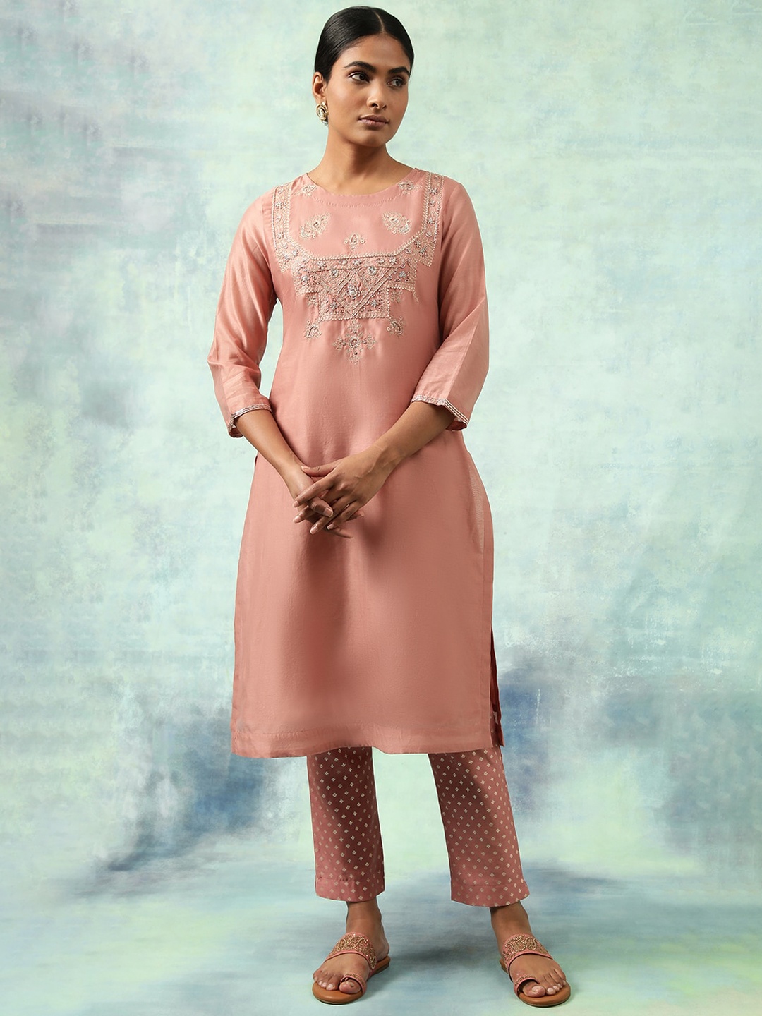 

W The Folksong Collection Peach Ethnic Motifs Embroidered Yoke Design Regular Kurta