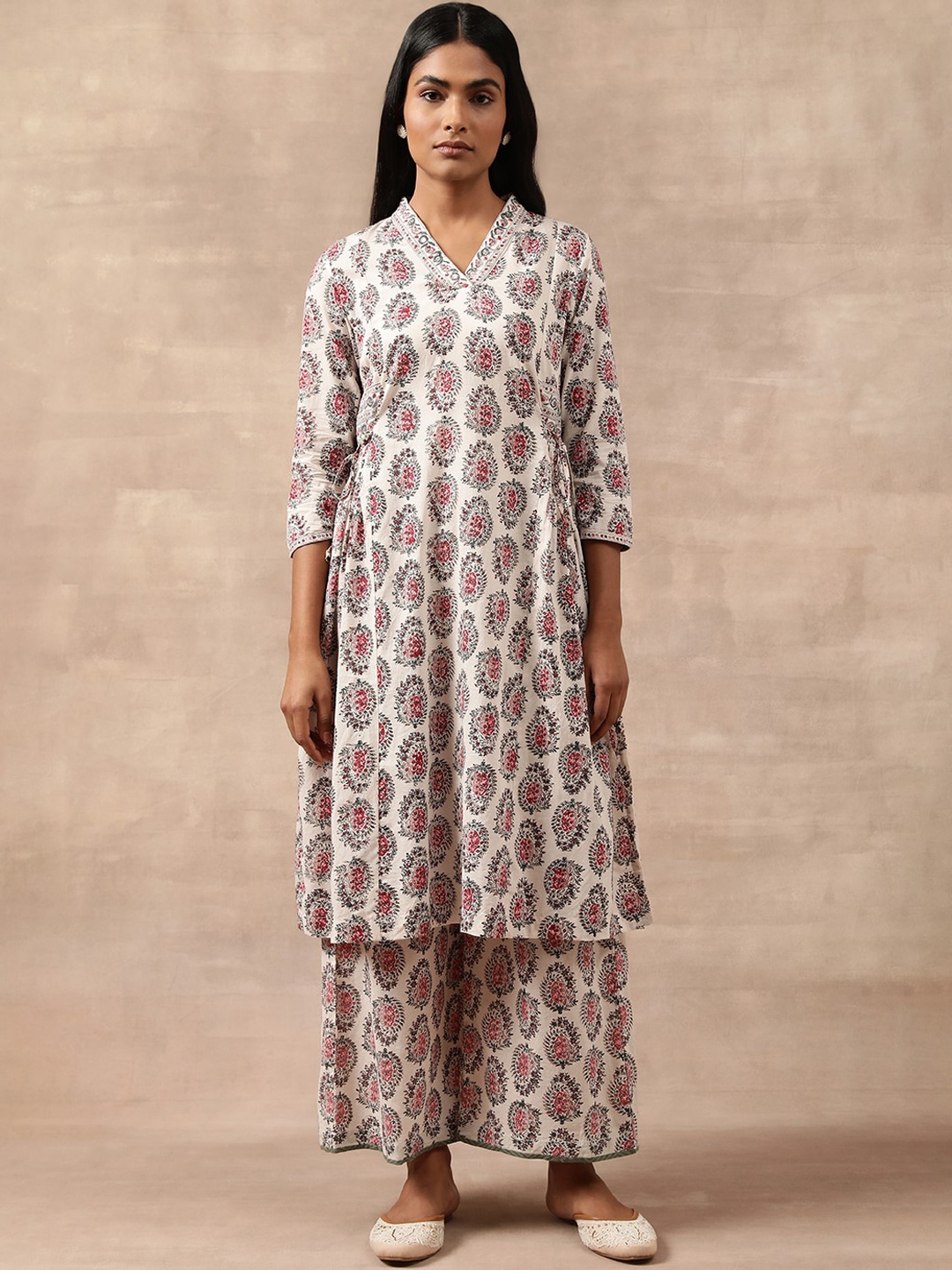 

W The Folksong Collection Floral Printed Pure Cotton A-Line Kurta, White