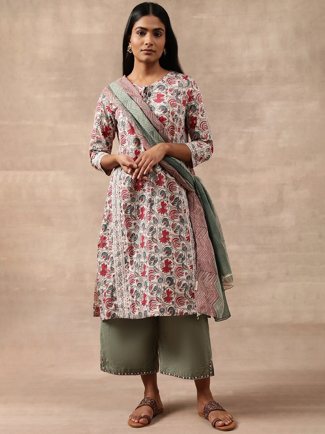 

W The Folksong Collection Woven Design Mirror Work Straight Kurta With Dupatta, White