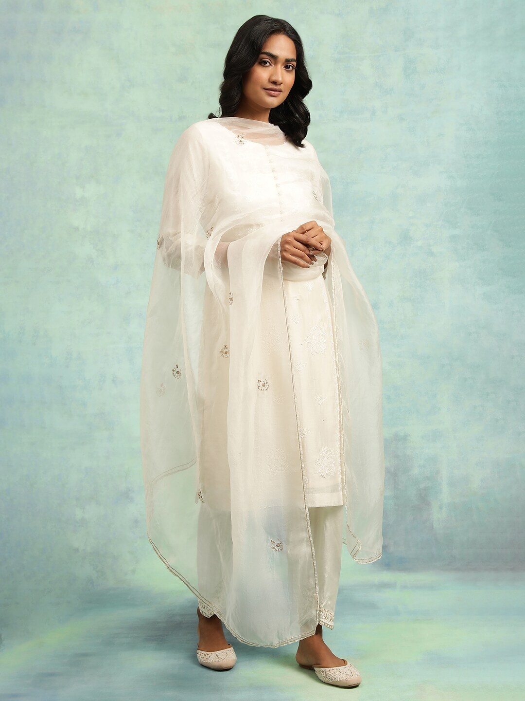 

W The Folksong Collection White Ethnic Motifs Embroidered Silk Dupatta With Taping Border