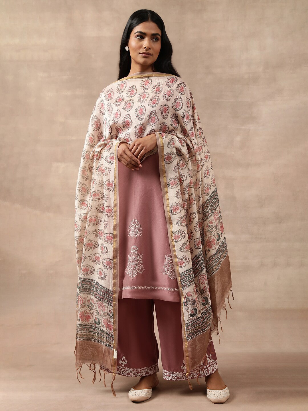 

W The Folksong Collection Ethnic Motifs Printed Dupatta With Zari Work, White