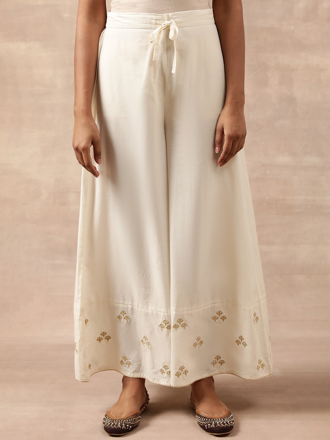 

W The Folksong Collection Floral Embroidered Flared Pure Cotton Palazzo, Off white