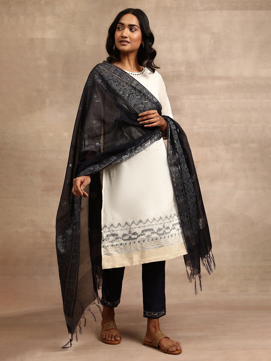 

W The Folksong Collection Ethnic Motifs Woven Design Zari Detail Dupatta, Navy blue