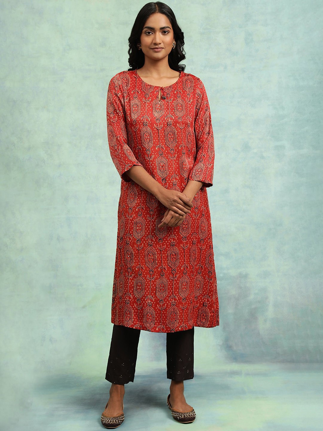 

W The Folksong Collection Red Black Ethnic Motifs Printed Keyhole Neck Kurta