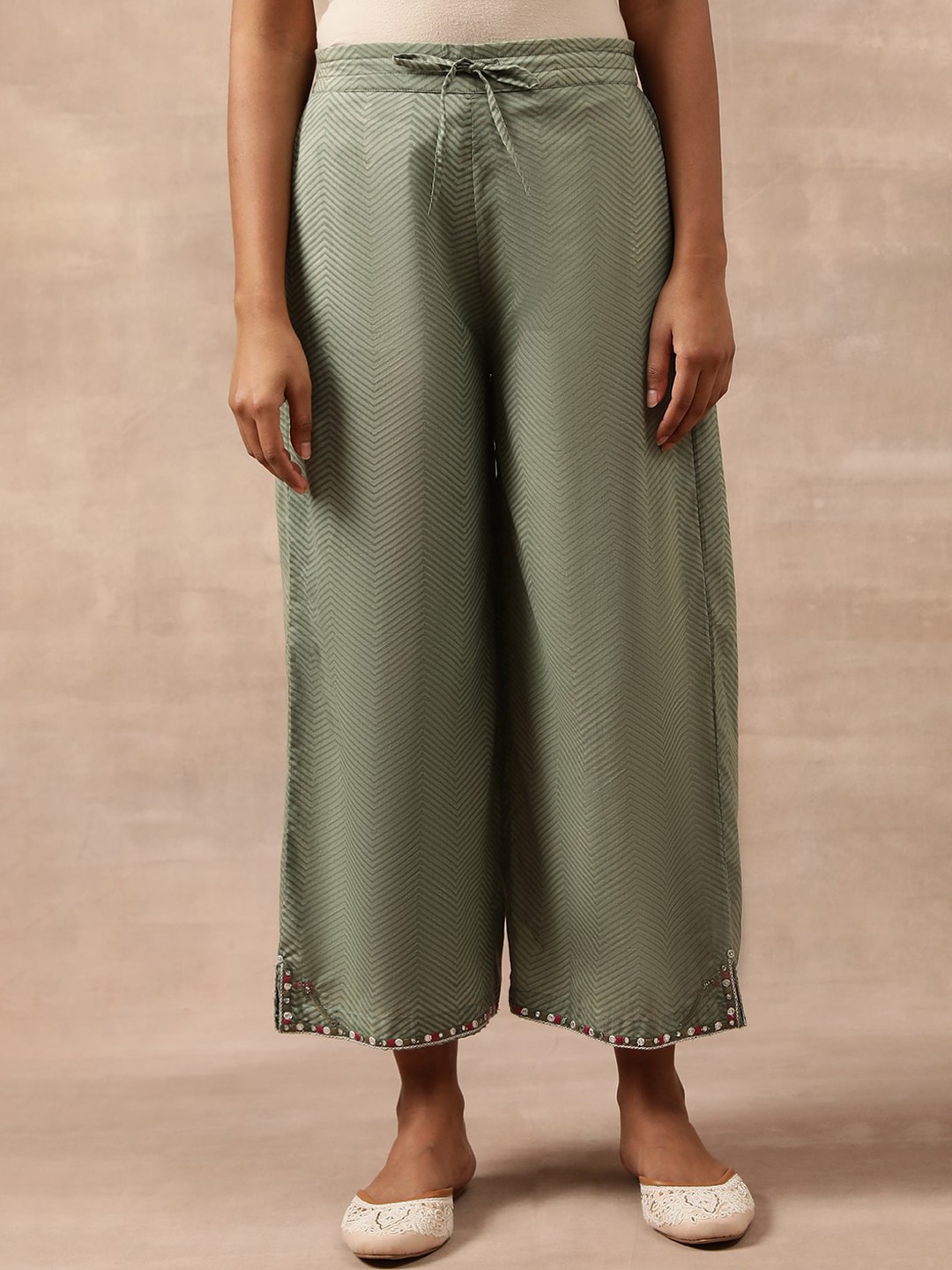 

W The Folksong Collection Geometric Printed Pure Cotton Straight Fit Palazzo, Green