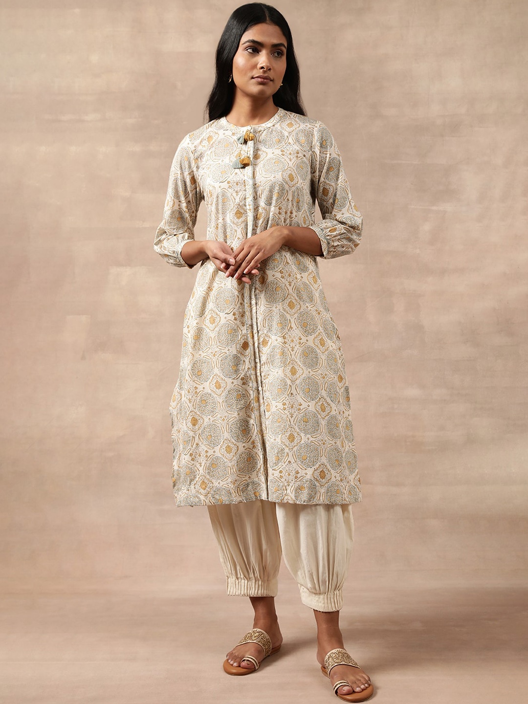 

W The Folksong Collection Beige Ethnic Motifs Printed Pure Cotton Regular Kurta, White