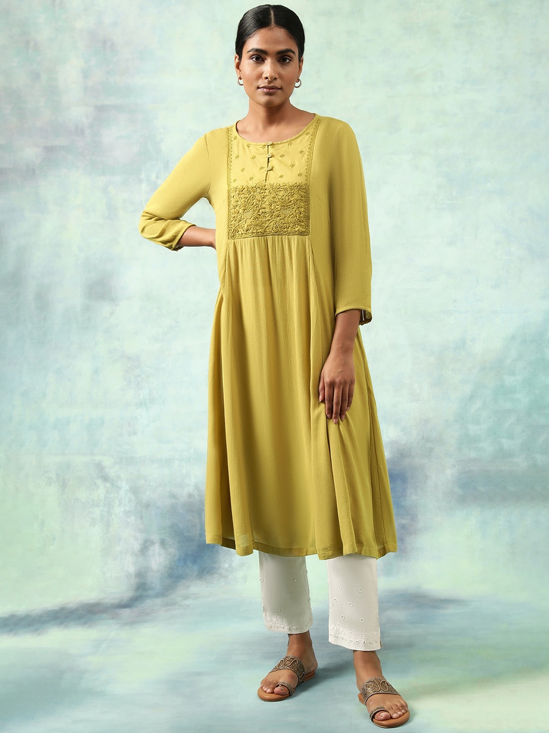 

W Green The Folksong Collection Floral Yoke Design Thread Work Pleated A-Line Kurta