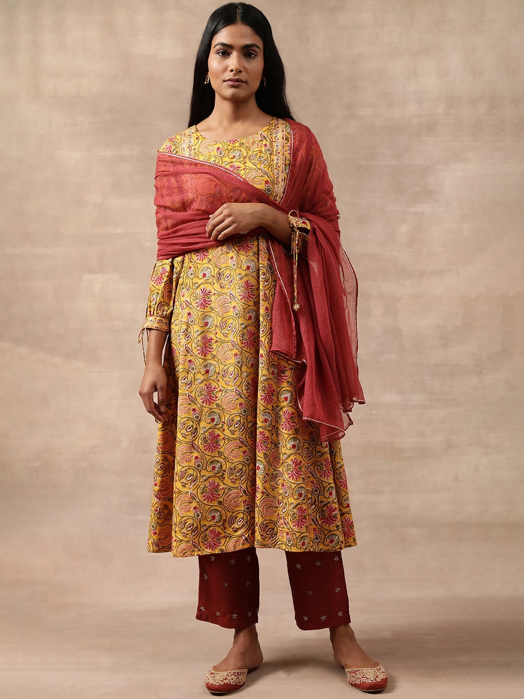 

W The Folksong Collection Ethnic Motifs Printed A-Line Kurta, Yellow