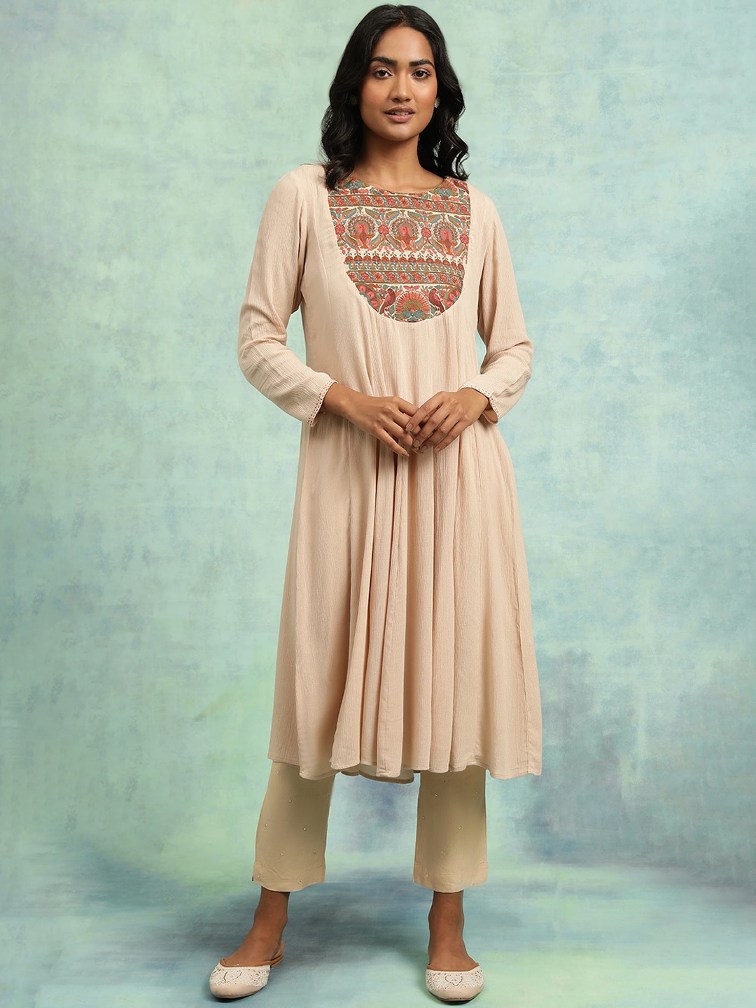 

W The Folksong Collection Floral Yoke Design Thread Work Panelled Anarkali Kurta, Beige