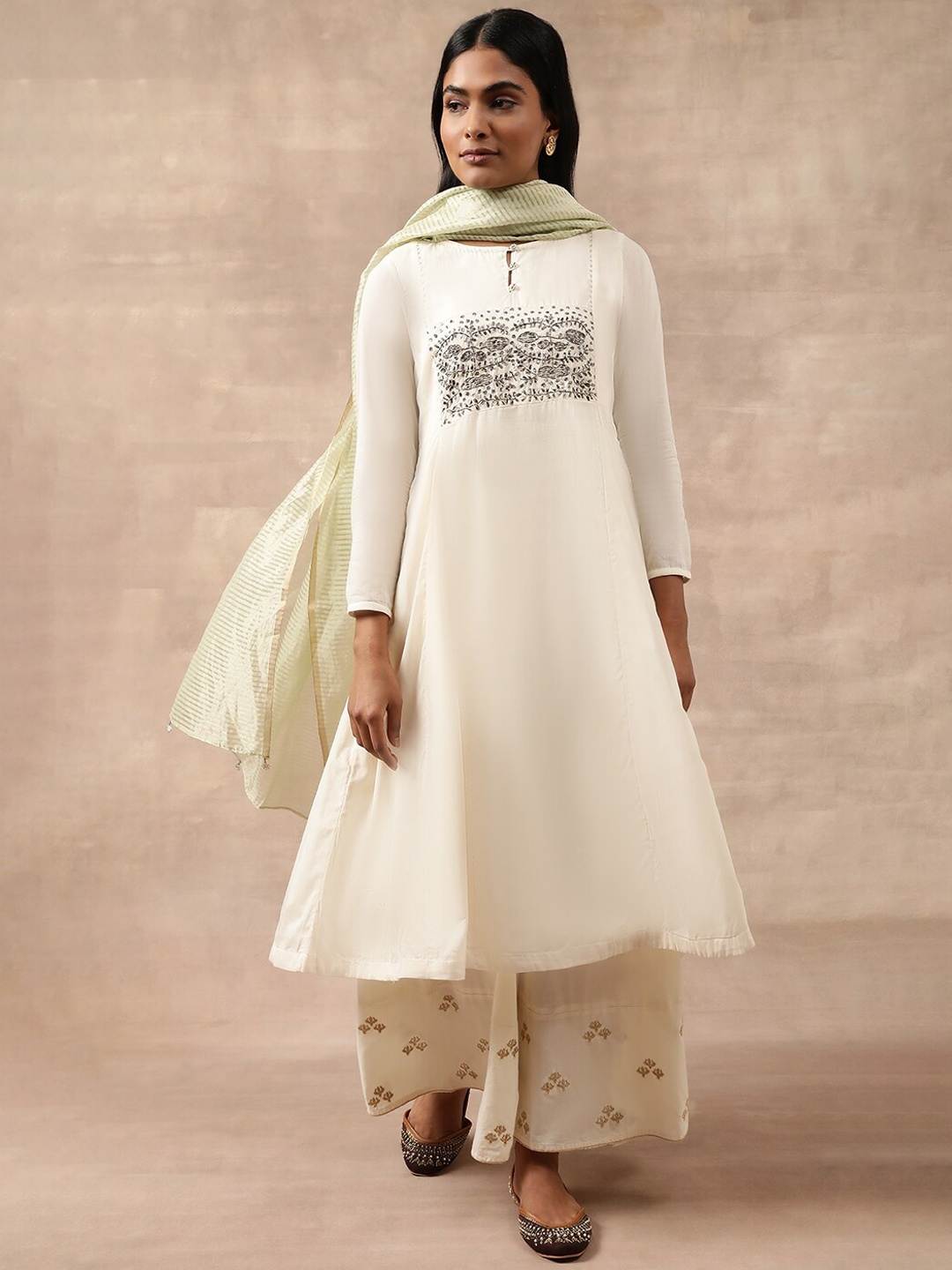 

W The Folksong Collection Ethnic Motifs Embroidered Zari Pure Cotton A-Line Kurta, White