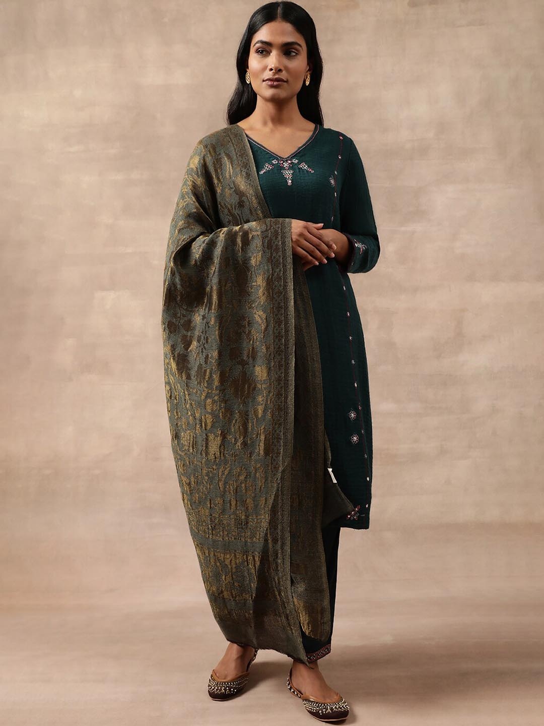 

W Teal Green & Red The Folksong Collection Embroidered Woollen A-Line Kurta