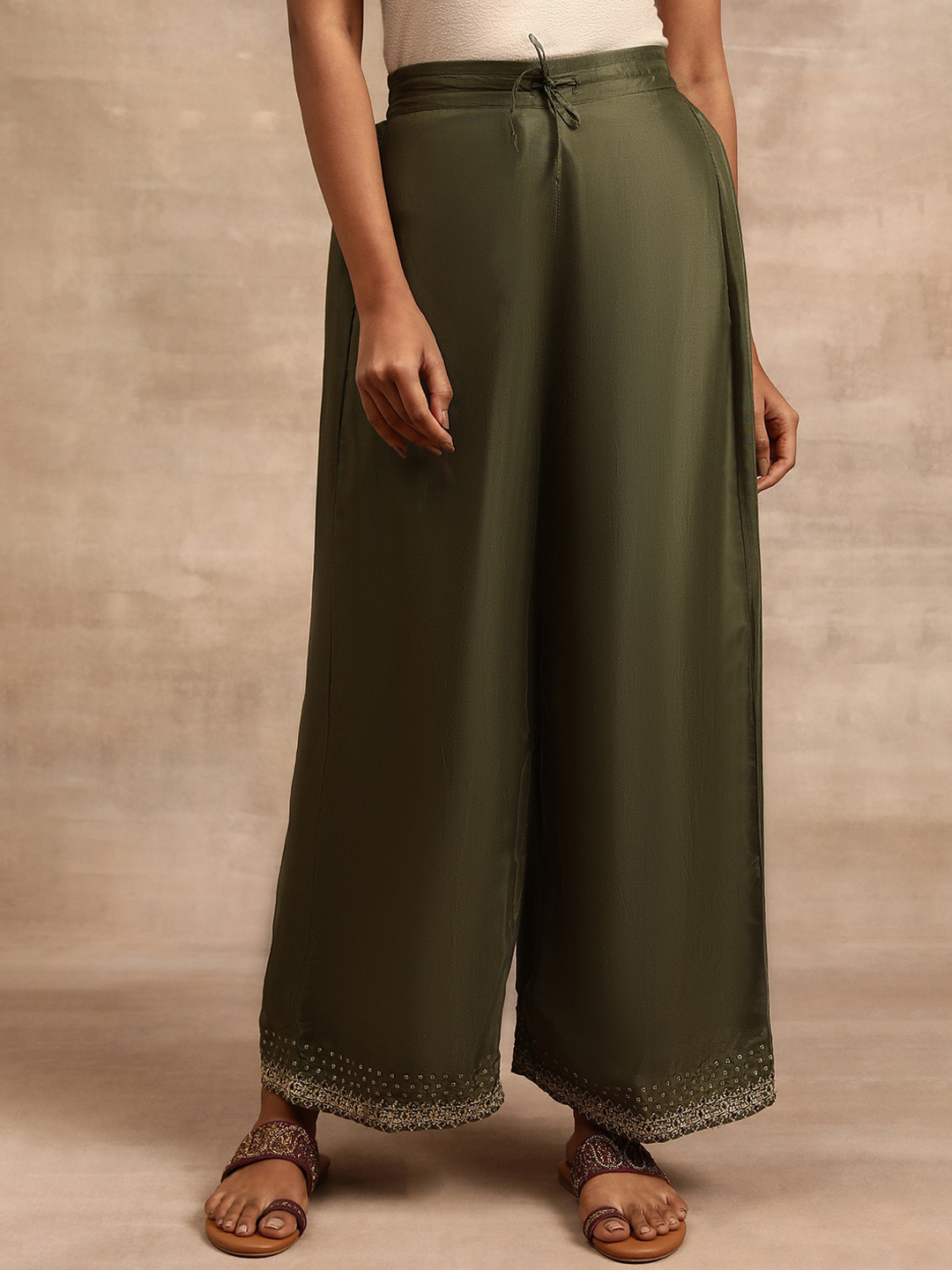 

W The Folksong Collection Hem Design Wide Leg Palazzos, Green