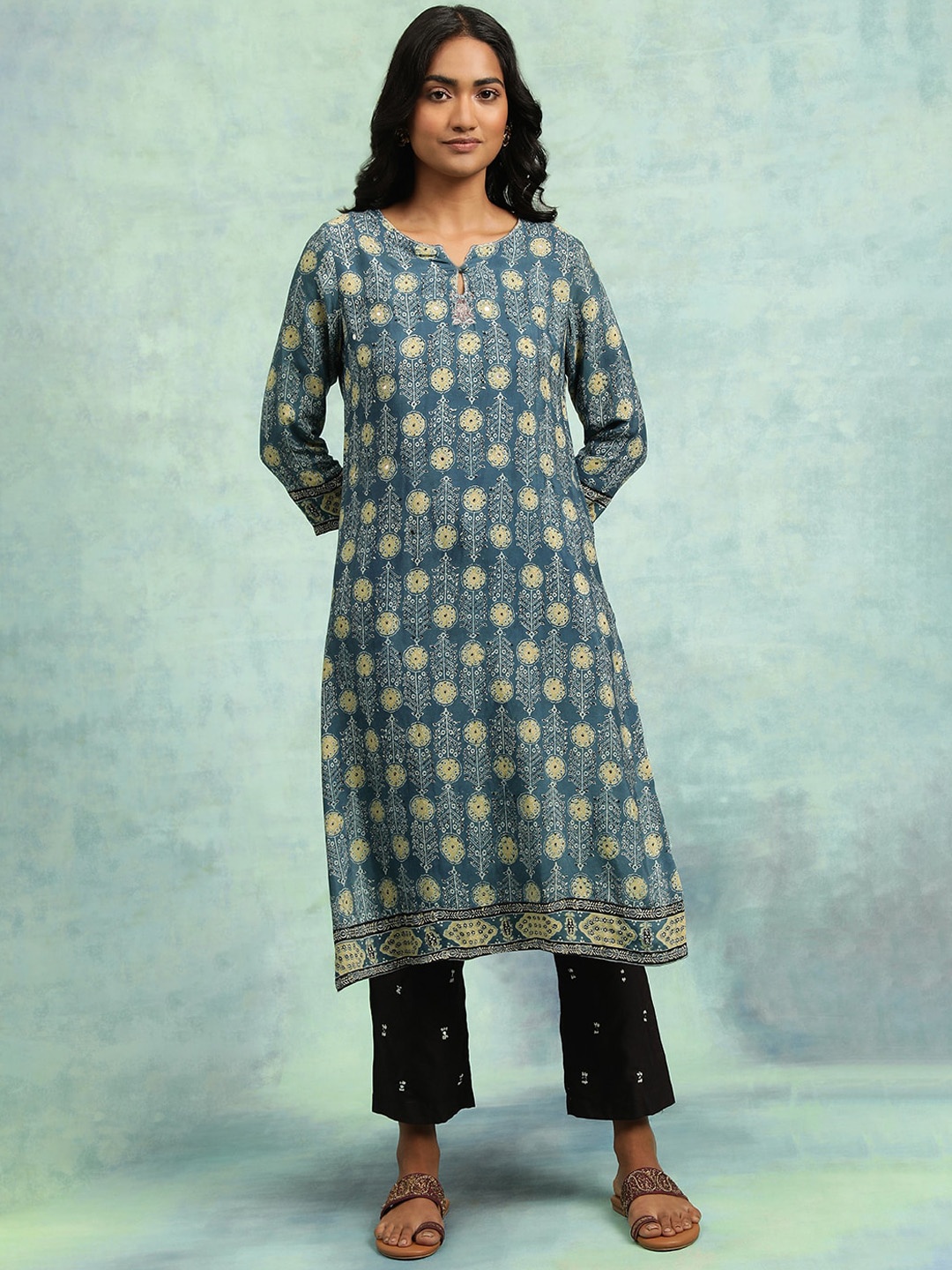

W The Folksong Collection Ethnic Motifs Printed Keyhole Neck Straight Kurta, Teal